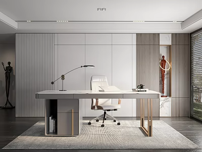 Modern Study Room Interior With White Office Chair Wooden Desk Floor Lamp And Minimalist Wall 3d model