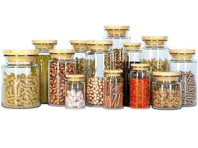 Glass Spice Jars With Wooden Lids Holding Various Spices For Organized Kitchen 3d model