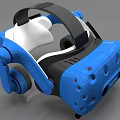 Blue and White VR Headset Design With Headband Headphones and Vent Holes