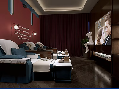 SPA Sauna Lounge With Red Walls Navy Blue Loungers And Large Screen TV 3d model