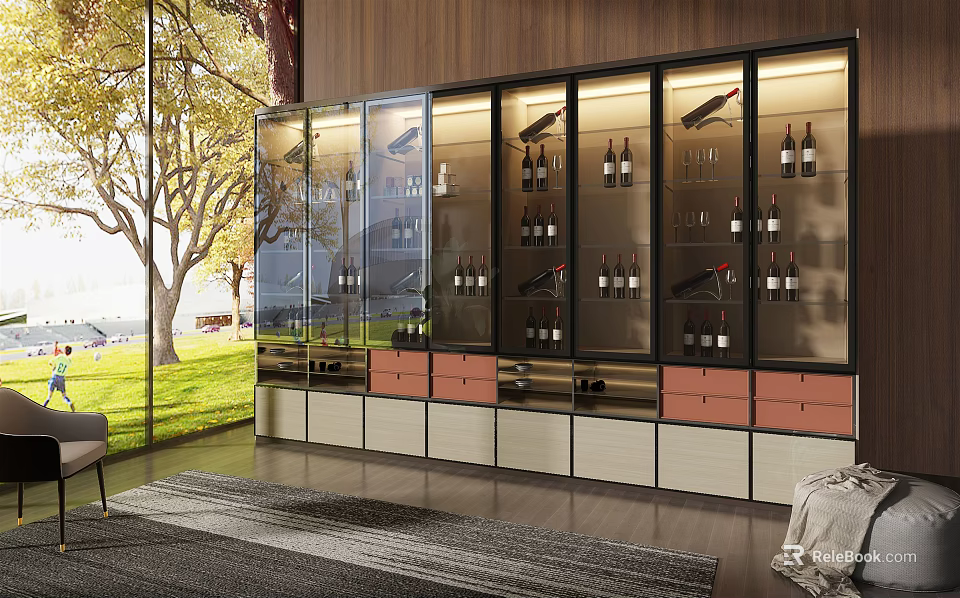 Modern Wine Cabinet Featuring Glass Doors Wine Bottles Drawers And Wooden Design 3d model 