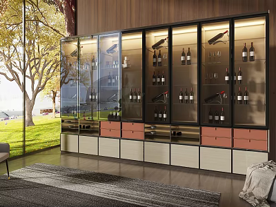 Modern Wine Cabinet Featuring Glass Doors Wine Bottles Drawers And Wooden Design 3d model