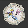 Robot Sculptures With Blue Pink Details Holding Weapons On Hexagonal Display Stand