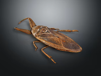 Giant Water Bug With Brown Exoskeleton Long Mouthparts And Large Wings On Dark Background 3d model