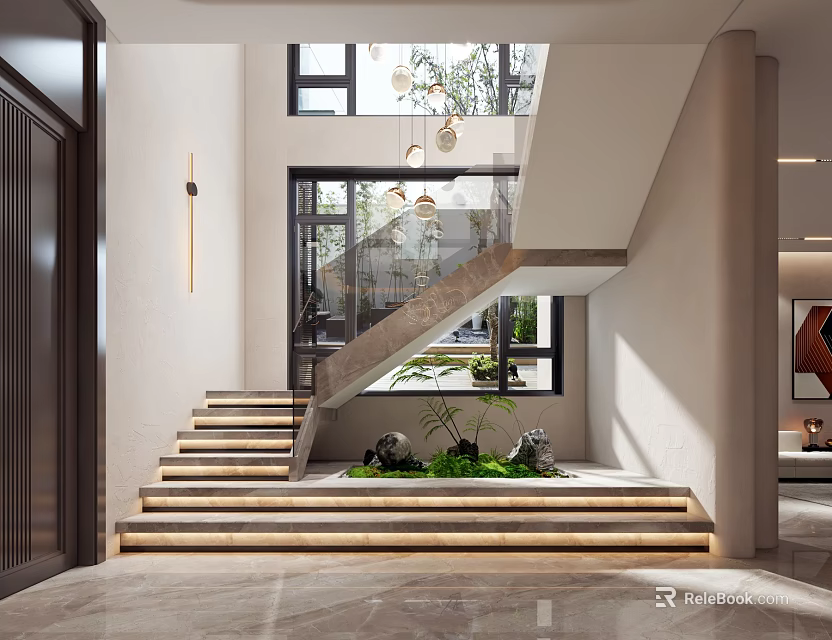 Modern Entrance Hall Design With Wooden Staircase Glass Railing Pendant Lights And Green Plants 3d model 