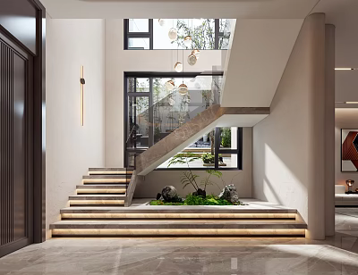 Modern Entrance Hall Design With Wooden Staircase Glass Railing Pendant Lights And Green Plants 3d model