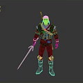 White Haired Man In Red And Black Armor Holding Sword Against Gray Background