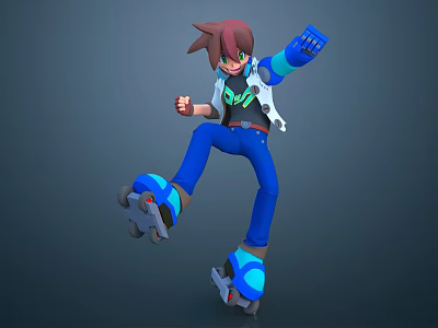 3D Human Character With Brown Hair White Vest And Blue Roller Skates Skating 3d model