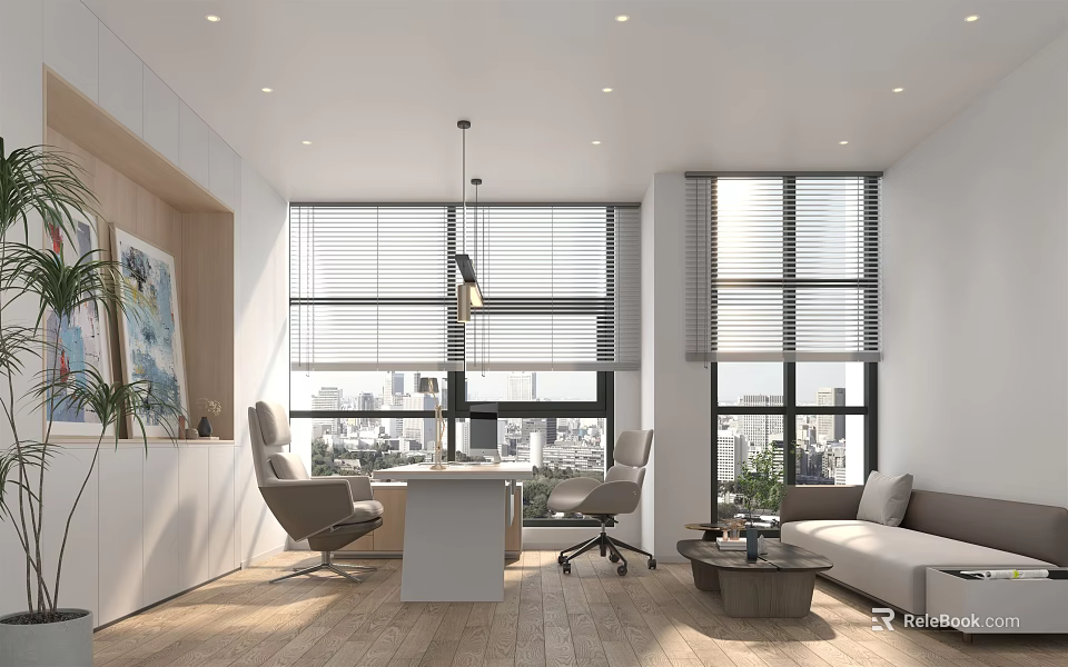 Modern Office Interior With Large Windows Blinds Desk Office Chairs Sofa And Plants 3d model 