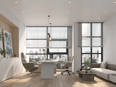 Modern Office Interior With Large Windows Blinds Desk Office Chairs Sofa And Plants 3d model