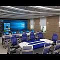 Modern Control Room With Multiple Monitor Screens Central Desk And Blue Chairs