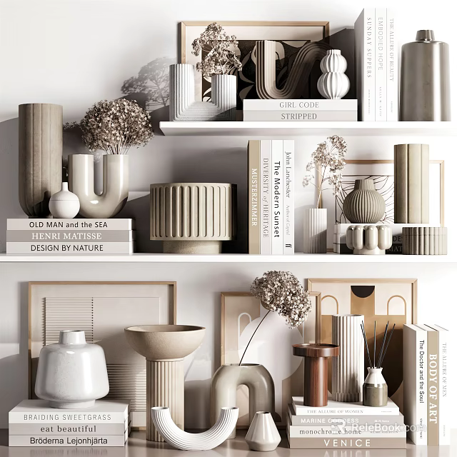 Modern Decorative Ornament Set With Sculptural Vases Dried Flowers And Books On Shelves 3d model 