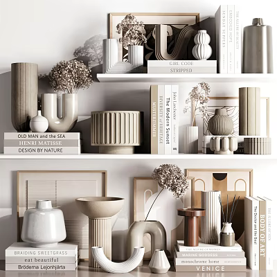 Modern Decorative Ornament Set With Sculptural Vases Dried Flowers And Books On Shelves 3d model