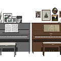 Elegant Black and Brown Pianos Interior with Framed Wall Artworks and Sheet Music