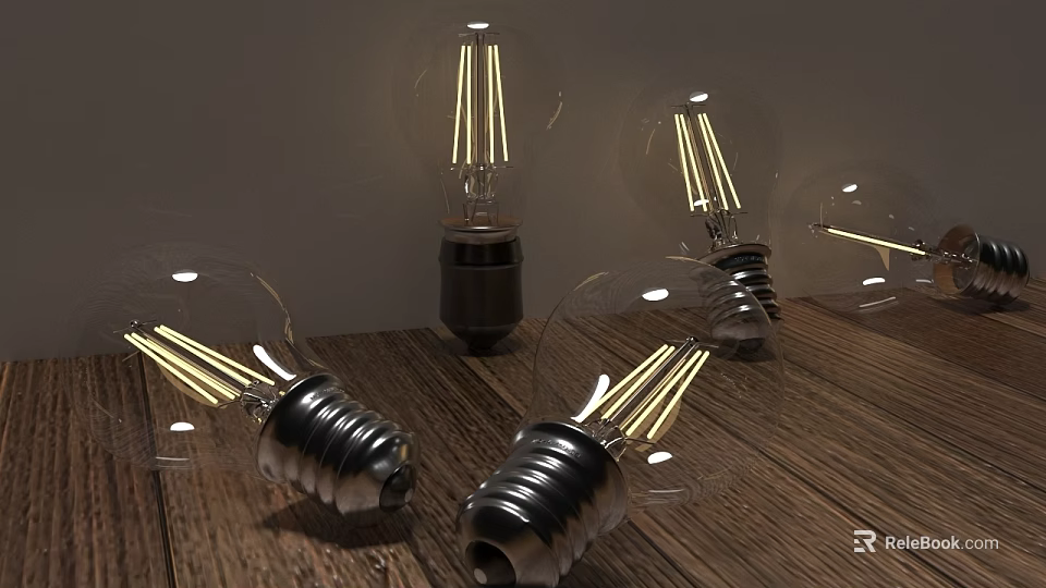 Vintage Style Clear Glass Light Bulbs With Visible Filaments On Wooden Surface 3d model 