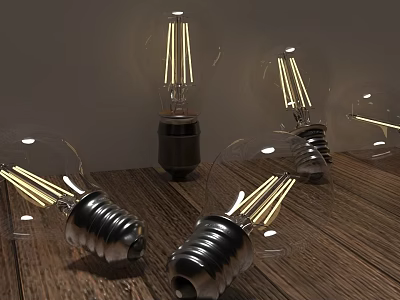 Vintage Style Clear Glass Light Bulbs With Visible Filaments On Wooden Surface 3d model
