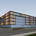 Modern Multi Story Office Building With Glass Curtain Wall And Gray Orange Facade