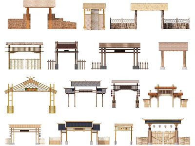 Traditional And Modern Entrance Gates Design Featuring Decorative Roofs Railings And Wooden Frames 3d model