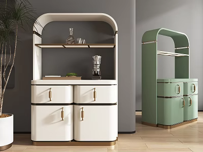 Elegant Modern Wine Cabinet With White Green Finish Gold Handles And Storage Shelves 3d model