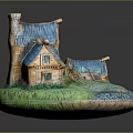 Cute Cottage Model With Blue Roofs Yellow Walls Small Windows And Green Grass