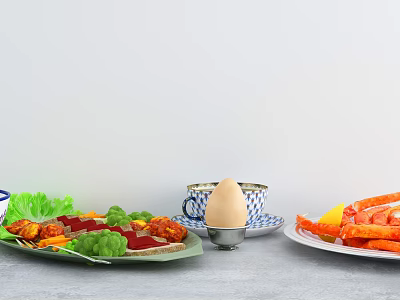 Colorful Fresh Food Platter With Fried Chicken Pieces Lettuce Boiled Egg And Carrot Sticks 3d model
