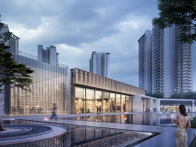 Modern Sales Office Building With Glass Curtain Wall Water Feature And Tall Buildings Background 3d model