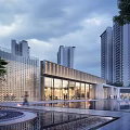 Modern Sales Office Building With Glass Curtain Wall Water Feature And Tall Buildings Background