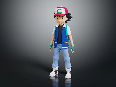 Anime Character Ash Ketchum With Pikachu Figure Standing On Black Background 3d model