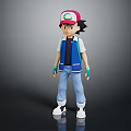 Anime Character Ash Ketchum With Pikachu Figure Standing On Black Background 3d model