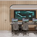 Modern Monitoring Room with Large Display Screen Multiple Monitors Control Console and Office Chairs