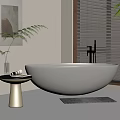 Round Gray Bathtub in Modern Bathroom Interior with Pedestal Table Fern Plant and Wooden Floor