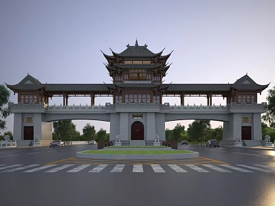 Traditional Chinese Memorial Archway Featuring Triple Gateway And Tiered Roof At Tree Lined Road 3d model