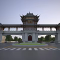 Traditional Chinese Memorial Archway Featuring Triple Gateway And Tiered Roof At Tree Lined Road