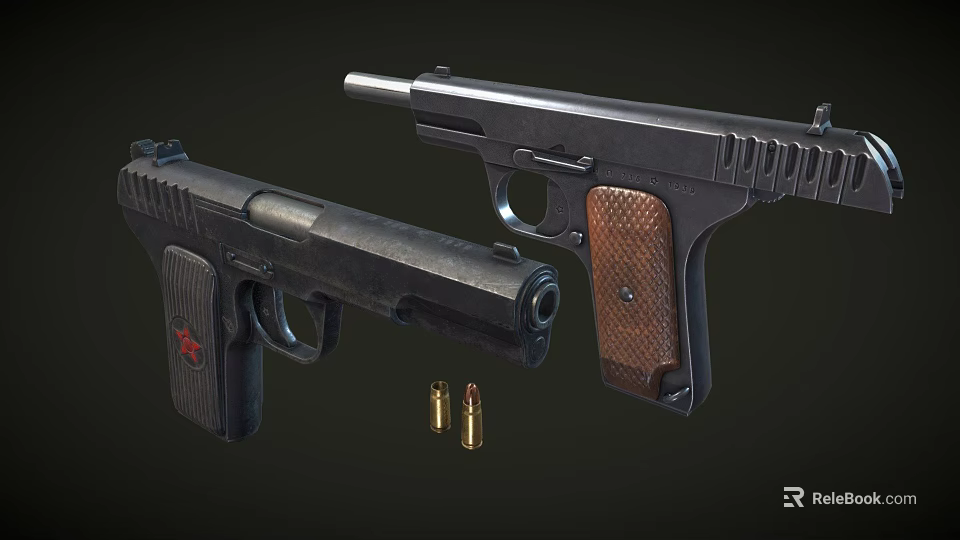 Handgun Models With Black Bodies Brown Grips Red Symbols And Bullets 3d model 