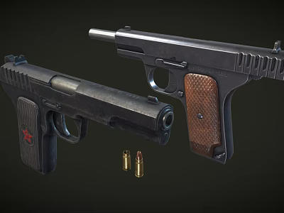 Handgun Models With Black Bodies Brown Grips Red Symbols And Bullets 3d model