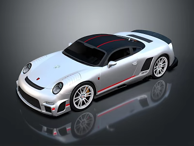 Silver Sports Car with Black Roof Red Stripe Sporty Design Sleek Body and Alloy Wheels 3d model