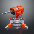 Orange Mechanical Device Featuring Cannon Like Structure And Silver Support Base