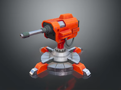 Orange Mechanical Device Featuring Cannon Like Structure And Silver Support Base 3d model