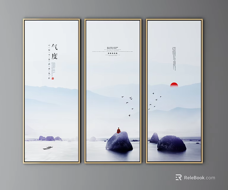 Chinese Style Landscape Painting with Red Sun Flying Birds Person on Rock and Mountain Water 3d model 