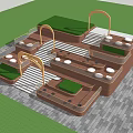 Outdoor Wooden Staircase with Greenery Platforms Round Tables and Palm Trees