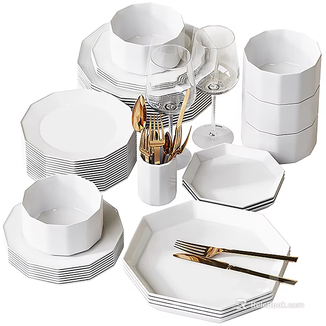 White Octagonal Dinnerware Set With Gold Cutlery Plates Bowls and Glassware 3d model 