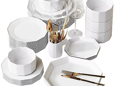 White Octagonal Dinnerware Set With Gold Cutlery Plates Bowls and Glassware 3d model