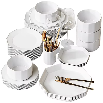 White Octagonal Dinnerware Set With Gold Cutlery Plates Bowls and Glassware 3d model White Octagonal Dinnerware Set With Gold Cutlery Plates Bowls and Glassware 3d model