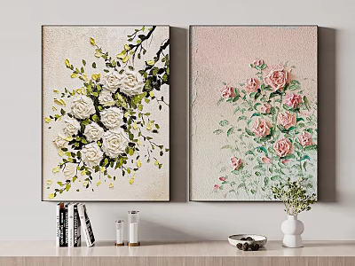 Two Floral Oil Paintings With White And Pink Roses For Wall Decor 3d model