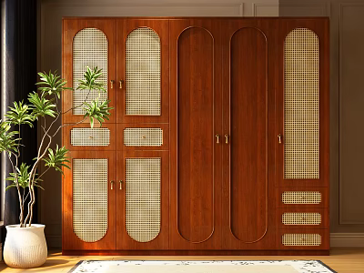 Lattice Panel And Arched Doors Brown Wooden Wardrobe With Metal Handles And Potted Plant 3d model