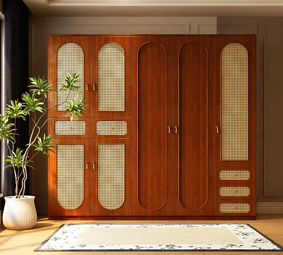 Lattice Panel And Arched Doors Brown Wooden Wardrobe With Metal Handles And Potted Plant 3d model