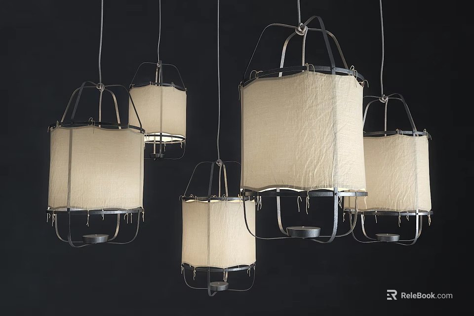 Stylish Modern Hanging Chandeliers with Fabric Shades and Metal Frames Design 3d model 