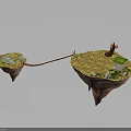 Floating Islands Connected by Wooden Bridge with Campfire Green Plants Stones and Water