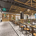 Modern Spacious Restaurant Interior With Wooden Ceiling Hanging Lights And Dining Tables