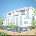 Elegant Townhouse Exterior With Stone Facade Balconies Windows And Evening Pool Lighting Surrounded by Greenery
